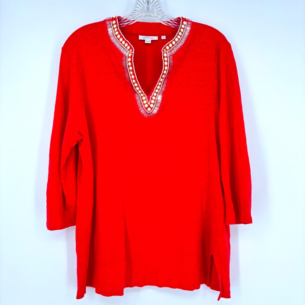 Chico's Sz Large Linen Orange Embellished Tunic 3/4 Sleeve Style 570366089
